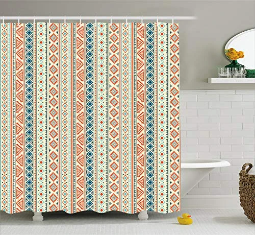 Ambesonne African Shower Curtain, Vertical Geometrical Borders with Ornaments Folkloric Pattern, Cloth Fabric Bathroom Decor Set with Hooks, 70" Long, Orange Blue