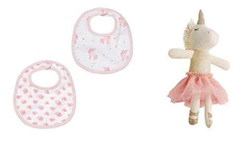 Mud Pie Kids Unicorn Plush Rattle and 2 Feeding Bib Set, White Color