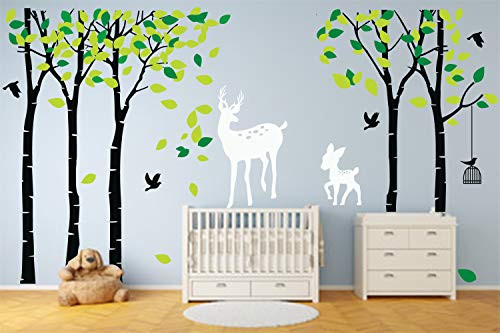 LUCKKYY Giant Five Jungle Family Tree with Deer Wall Decal Removable Vinyl Mural Art Wall Stickers for Kids Nursery Bedroom Living Room (Black)