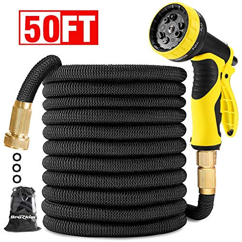 Garden Hose 50FT-Expandable Water Hose with Double Latex Core, 3/4" Solid Brass Fittings, Extra Strength Fabric -Flexible Expanding Hose with Metal 9 Function Spray Nozzle for Outdoor Lawn car