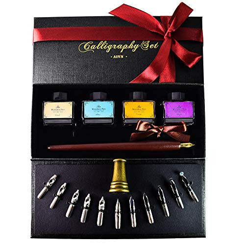 AIVN Calligraphy Pens Set - Includes Calligraphy Pen, 4 Color Inks, 12 Nibs, Pen Holder and Introduction Booklet