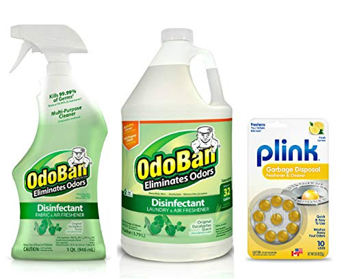 OdoBan Disinfectant Odor Eliminator and All Purpose Cleaner, 32 oz Spray and 1 Gallon Concentrate, Original Eucalyptus, with Bonus Plink Garbage Disposal Freshener