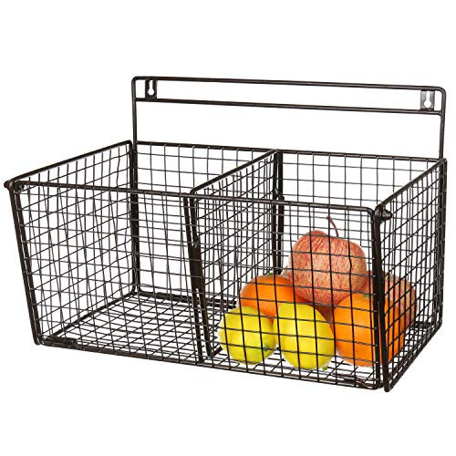 MyGift Brown Metal Wire Wall-Mounted 2-Compartment Storage Basket