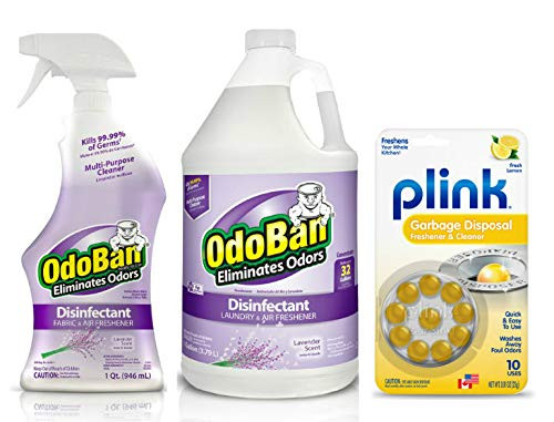 OdoBan Disinfectant Odor Eliminator and All Purpose Cleaner, 32 oz Spray and 1 Gallon Concentrate, Lavender Scent, with Bonus Plink Garbage Disposal Freshener