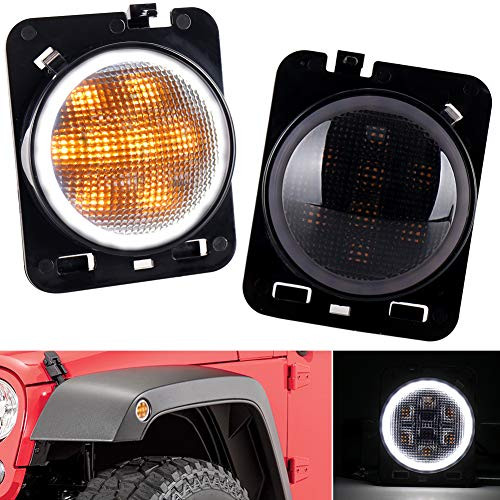 LED Side Marker Lights Amber Turn Signal with White Halo DRL Smoke Lens Replaces 07-17 Jeep Wrangler Front Fender Signal Parking Indicator Lamp LED Side Marker Lights Amber Turn Signal with White Halo DRL Smoke Lens Replaces 07-17 Jeep Wrangler Front Fender Signal Parking Indicator Lamp