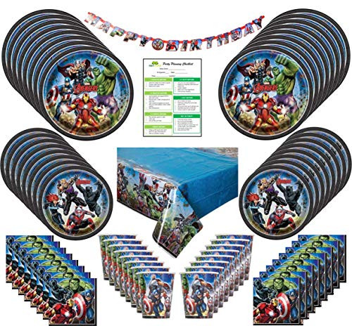 Marvel Avengers Party Supplies Pack: Big/Small Plates, Cups, Napkins, Table Cover, Banner-16 Guests