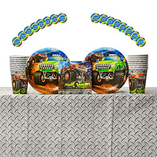 Monster Truck Rally Party Supplies Pack for 16 Guests Including Paper Cups, Paper Dessert Plates, Paper Beverage Napkins, Paper Stickers, and Plastic Table Cover (Bundle for 16) beverage napkins