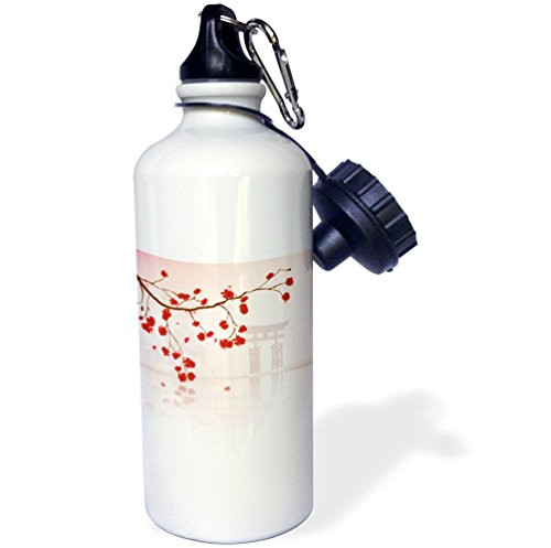 3dRose wb_116168_1"Beautiful Japanese Sakura Red Cherry Blossoms Branching Reflecting Over Water Oriental Vector Design" Sports Water Bottle, 21 oz, White
