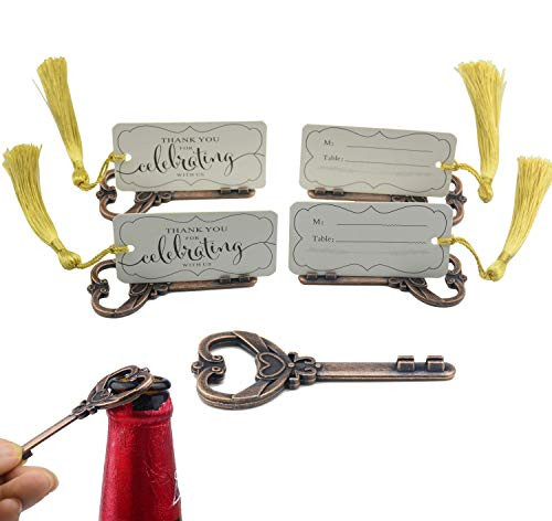 50pcs Multi Function Vintage Skeleton Key Bottle Opener Place Card Holders for Weddings Table Name Cards for Guest Souvenir (Antique copper)