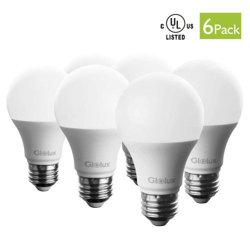 Glolux A19 Dimmable LED Light Bulb, 60 Watt Equivalent, 800 Lumens, E26 Base Daylight 5000K 9 Watt Pack of 6