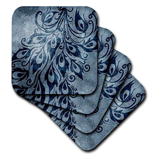 3dRose CST_63653_3 Blue Grunge Peacock Feathers Art Ceramic Tile Coaster (Set of 4)