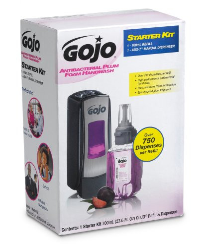 GOJO Antibacterial Plum Foam Handwash, Plum Fragrance, ADX-7Starter Kit, 1  700 mL Handwash Refill + 1  GOJO ADX-7 Chrome/Black Finish Push Style Dispenser - 8712-D1