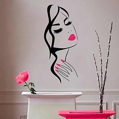 Wall Decal Beauty Salon Manicure Nail Salon Wall Art Sticker Beautiful Girl Face Lips Home Decor Stickers Barber Shop Hairstyle Decoration Wall Mural M-73 (Black +pink lips, 40X90CM)