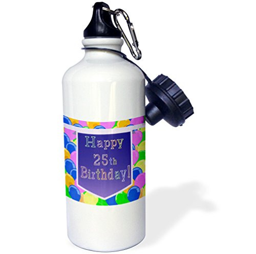 3dRose Balloons with Purple Banner Happy 25th Birthday-Sports Water Bottle, 21oz (wb_174814_1), 21 oz Multicolor