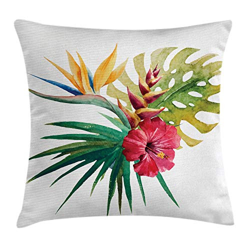 Ambesonne Floral Throw Pillow Cushion Cover, Wild Tropical Orchid Flower with Large Leaves Exotic Tropic Petals Picture, Decorative Square Accent Pillow Case, 18 X 18 Inches, Fuchsia Forest Green