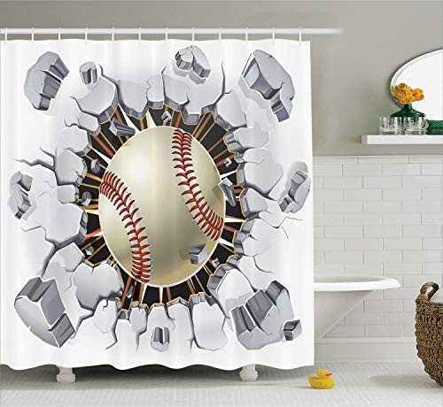 Ambesonne Sports Shower Curtain, Baseball and Old Plaster Concrete Wall Damage Illustration Competition, Cloth Fabric Bathroom Decor Set with Hooks, 75" Long, White Red
