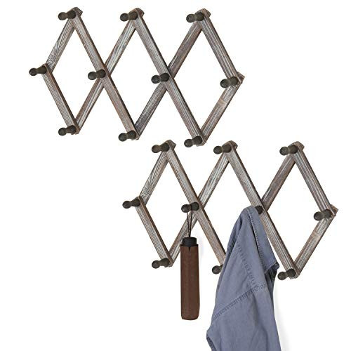 MyGift Expandable Torched Wood 10-Peg Wall-Mounted Coat Racks, Set of 2