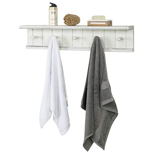 MyGift 5-Hook Vintage White Wood Floating Bathroom Shelf & Towel Rack