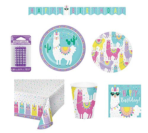 Llama Party Supplies and Decorations, 94 Piece Bundle- Includes Dinner and Dessert Plates, Napkins, Cups, Table Cover, Happy Birthday Banner, and Candles