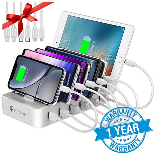 Charging Station for Multiple Devices - 6 Smart Charging Ports Docking Organizer - Compatible with iPhone iPad and Android Cell Phone and Tablet (6 Short Cables Included) (White)