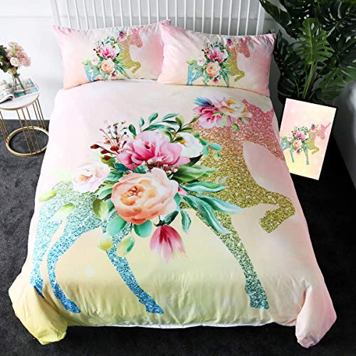 Sleepwish Glitter Unicorn Bedding Girl Trendy Pink Rose Duvet Cover Twin 3 Pieces Kids Magical Horse Pretty Bed Sets