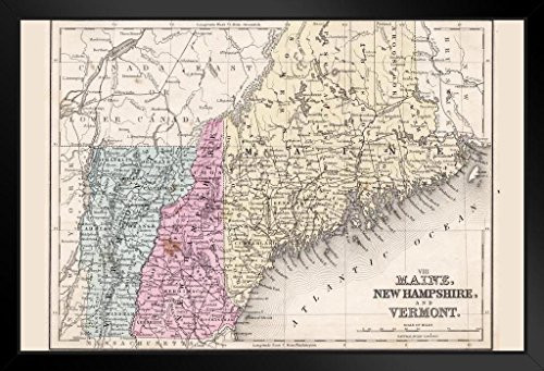 Maine New Hampshire and Vermont 1867 Antique Style Map Framed Poster 20x14 inch