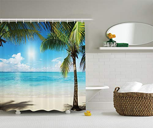 Ambesonne Beach Shower Curtain Extra Long, Tropical Coconut Palms and Shadows on Beach Sea Plants Picture Pattern, Polyester Fabric Bathroom Shower Curtain Set with Hooks, 84 Inches, Green Blue
