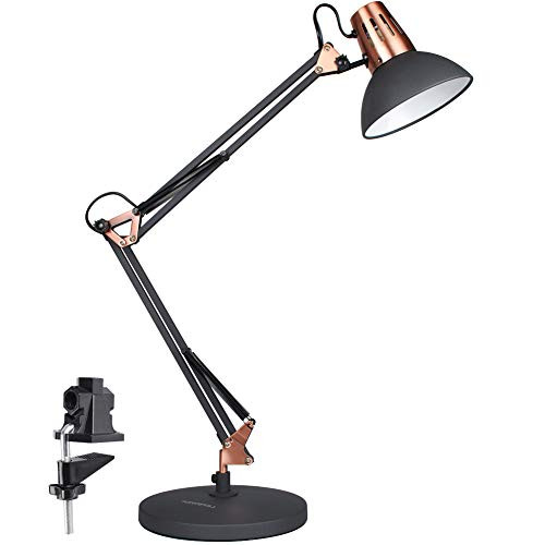 LEPOWER Metal Desk Lamp, Adjustable Goose Neck Architect Table Lamp with On/Off Switch, Swing Arm Desk Lamp with Clamp, Eye-Caring Reading Lamp for Bedroom, Study Room &Office (Black)