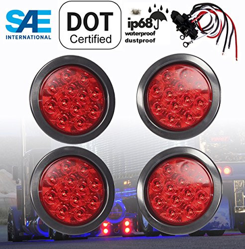 SET OF 4 AutoSmart KL-25108RK 4" ROUND LED STOP TURN TAIL RED LEN LIGHTS INCLUDES LIGHTS, GROMMET, PLUG FOR TRUCK TRAILER