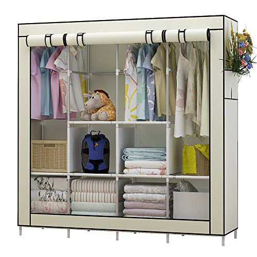 UDEAR Portable Closet Large Wardrobe Closet Clothes Organizer with 6 Storage Shelves, 4 Hanging Sections 4 Side Pockets,Beige