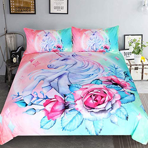 Sleepwish Unicorn Bedding Teen Magical Horse Rose Bedspreads 3 Piece Rose Pink Blue Bedding Unicorn Lovers Bedding Duvet Doona Cover Set (Queen)