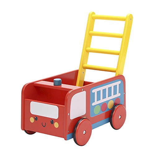 labebe - 4 Wheels Walker for Baby, Red Push Wagon Cart for Kid, Push Toy Walker for Girl/Boy 1-3 Years Old, Toy Shopping Cart, Wooden Wagon Toy, Baby Activity/Learning Walker Infant- Red Fire Truck