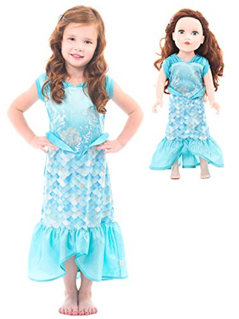 Little Adventures Mermaid Princess Dress Up Costume & Matching Doll Dress (Small Age 1-3)