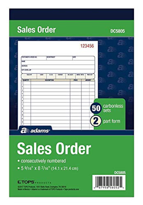 Adams Sales Order Book, 2-Part, Carbonless, White/Canary, 5-9/16 x 8-7/16 inches, 50 Sets per Book (DC5805) (12 Pack)