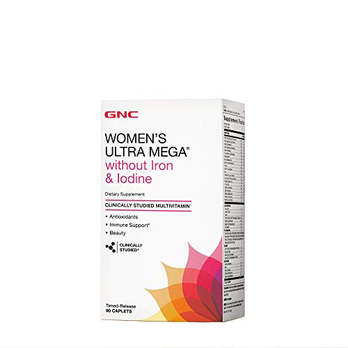 GNC Womens Ultra Mega Without Iron Iodine Multivitamin for Women, 90 Caplets, Antioxidants, Immune Support and Beauty Support