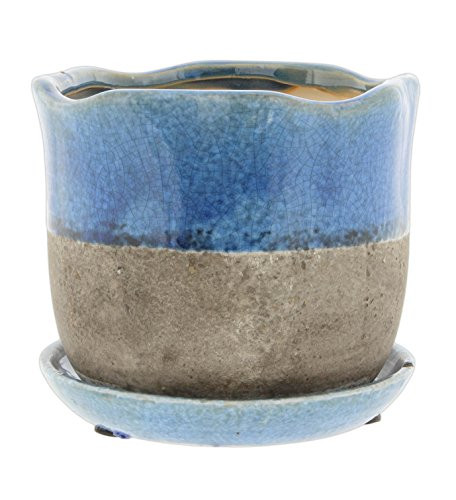 Lucky Winner 5" Scallop Edged Ceramic Planter with Attached Saucer (Blue)