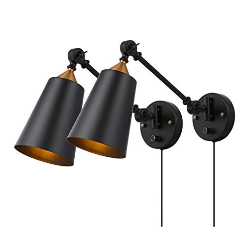 Pauwer Industrial Plug in Wall Sconces Set of 2 with On Off Switch Vintage Edison Swing Arm Wall Lamp Black Metal Shade Wall Light Fixtures