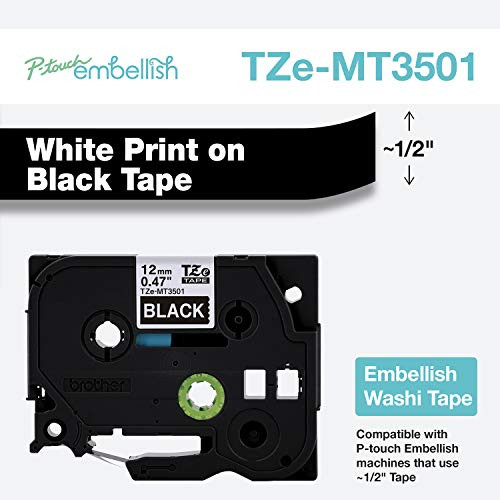 Brother International Brother P-Touch Embellish White Print on Black Washi TZeMT3501 Matte Tape,