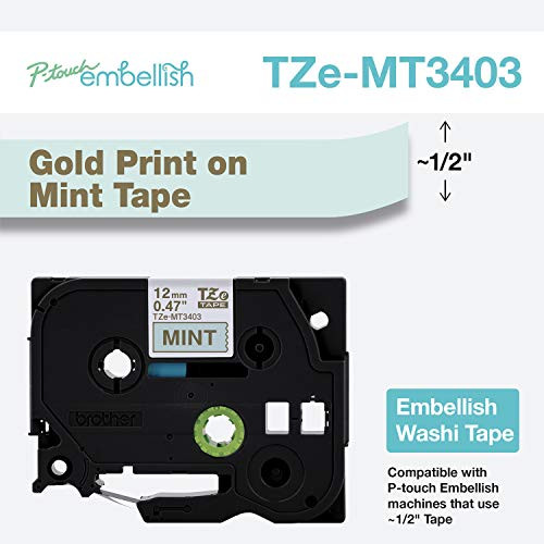 Brother International Brother P-Touch Embellish Gold Print on Mint Washi TZeMT3403 Matte Tape,