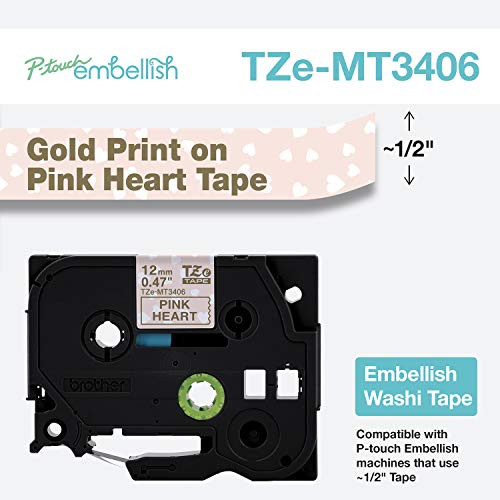 Brother International Brother P-Touch Embellish Gold Print on Pink Hearts Washi TZeMT3406 Matte Tape,