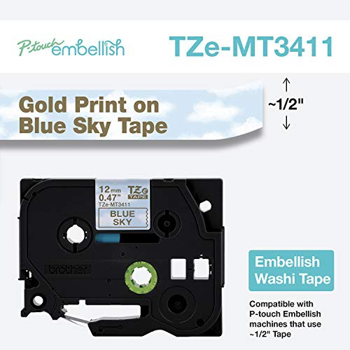 Brother International Brother P-Touch Embellish Gold Print on Blue Sky Washi TZeMT3411 Matte Tape,