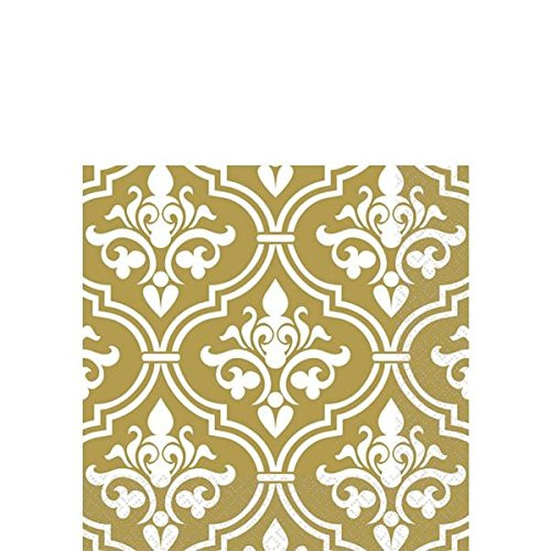 amscan Decorative Damask Party Beverage Paper Napkins (16 Pack), 5 x 5, Gold