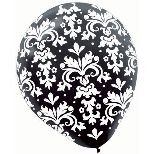 amscan White Brocade Printed Black Balloon Party Decorations, Latex, 12", Pack of 20