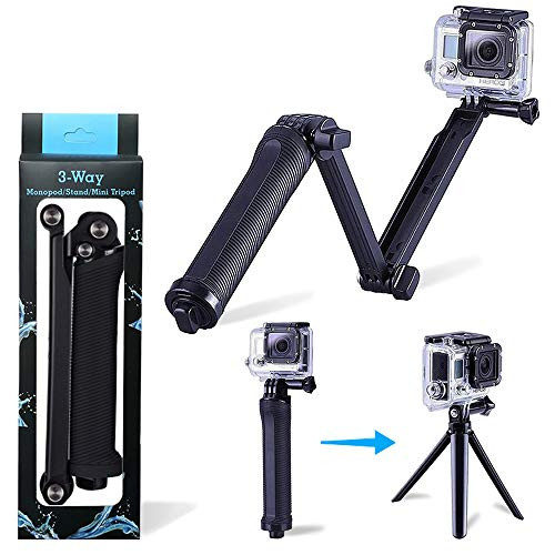 Three 3-Way Handheld Selfie Stick, Foldable Extendable Grip Arm Mount Holder Monopod for GoPro Hero Cameras 6/5/5 Session/4 Session/4/3+/3/2/1 and Action Cameras with Long Handle Screw