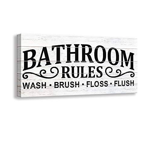 Kas Home Vintage Bath Canvas Wall Art | Rustic Bathroom Rules Prints Signs Framed | Bathroom Laundry Room Decor (8 X 16 inch, Bathroom Rules - 02)