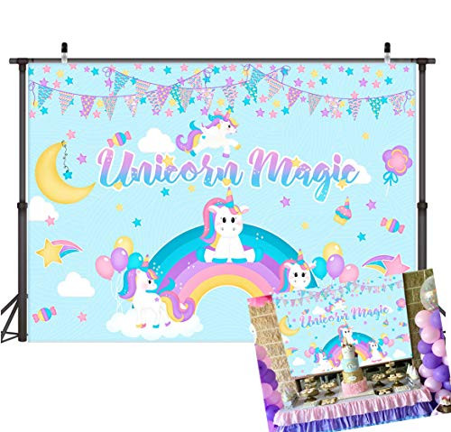 TJ Cartoon Unicorn Magic Theme Photography Background Rainbows Stars Blue Baby Shower Birthday Party Photo Backdrops Kids Newbron Studio Booth Props Banner 7x5ft Vinyl