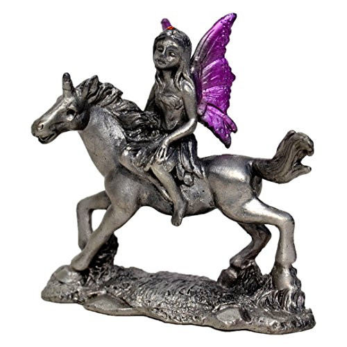 Pixie Glare Pewter Fairy Figurine Collectible Statue. Fairy on a Unicorn 2.5"(h) Purple Wings