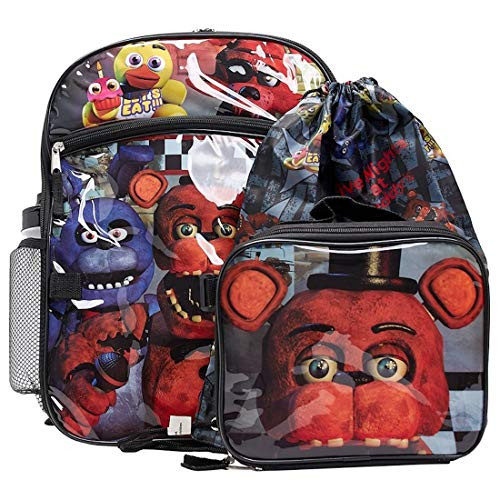 Five Nights At Freddy's 16" Kids School Backpack, Insulated Lunch Box, Water Bottle, Extra Storage Cinch Bag - 4 Piece Set