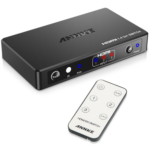 ANNKE HDMI Switch, Intelligent 3 Port 3X1 HDMI Switch Splitter with IR Remote Control, HDMI Switcher Box, Supports 4K, 1080P, 3D