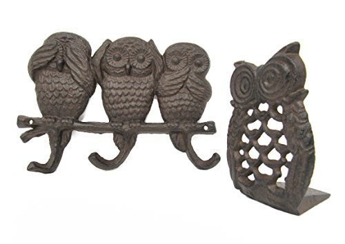 3 Owl Key Hooks See No Evil, Speak No Evil, Hear No Evil & Owl Door Stopper Cast Iron w/Screws, Shabby Chic Vintage Wall Mounted, Holds Coats, Bags, Hats, Towels, Scarfs- by Ashes to Beauty
